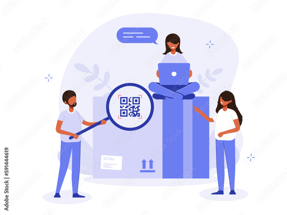 Poster qr code scaner illustration concept. people scan the barcode when they send or receive a package. lo