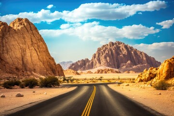 desert road with majestic mountains in the backdrop. Generative AI