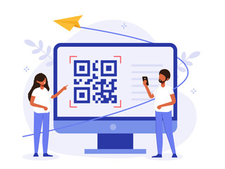 QR code scanning vector illustration concept, people use a smartphone and scan the qr code to pay. Barcode on computer screen Modern technology creative flat vector.