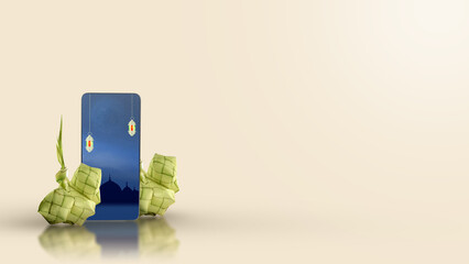 Ketupat (rice dumpling) and mobile phone with hanging Arabic lamp on the screen