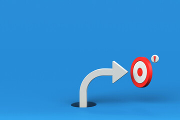 Right turn white arrow pointing at target on blue background. Right turn arrow breaking through from blue floor, different creative ideas, and develop working life concepts, 3D rendering
