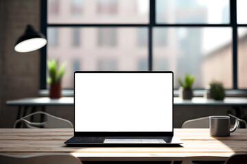 Empty laptop screen home office workplace. Generative ai.