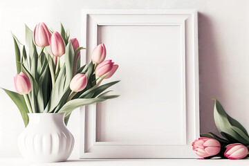 Empty white frame with pink tulips on white table mockup. Generative ai.