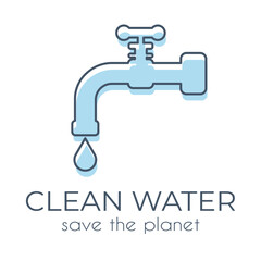Single ecological icon in minimalist style Blue Water Tap with drop on a white background with text