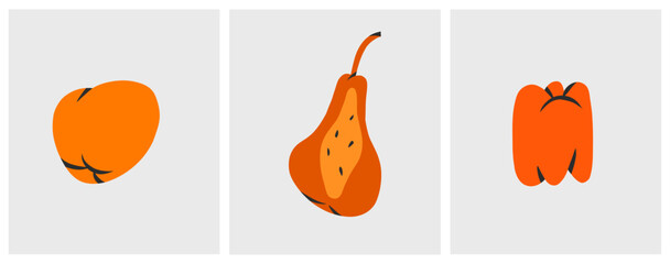 Hand drawn vector abstract simple contemporary set of creative decoration modern minimalistic shapes,forms,and doodle fruits orange,papaya,pepper design concept.Organic freehand abstract shapes.