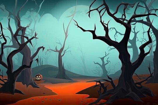 Halloween background Spooky forest with dead trees and pumpkins