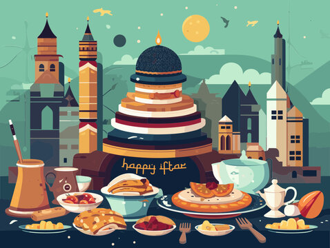 Iftar Fastenbrechen Illustration Vektor mit Moschee und Essen