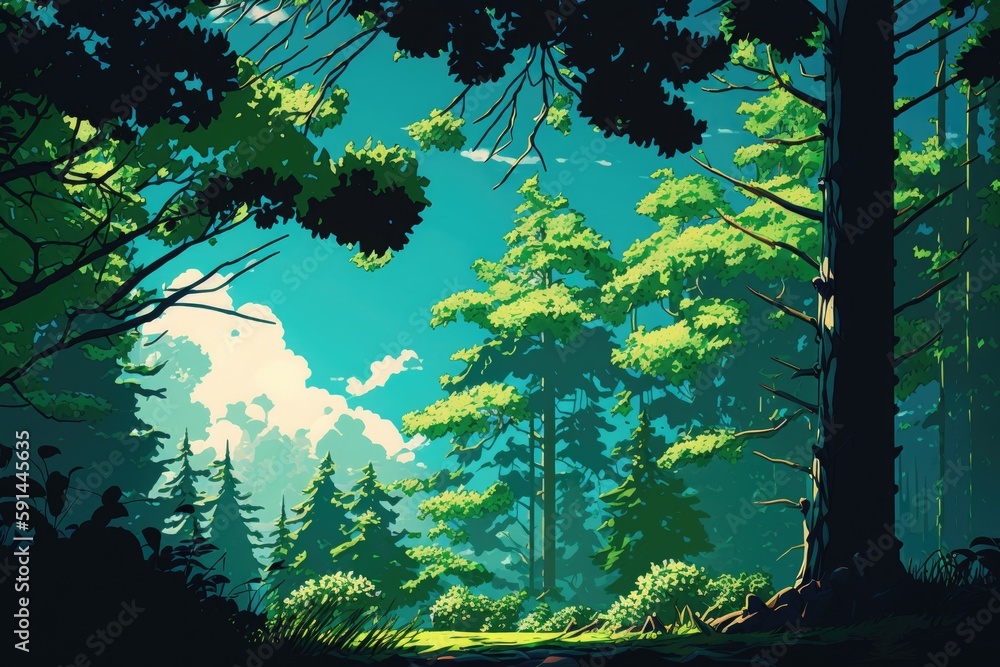 Wall mural serene forest landscape with lush trees and grass. Generative AI