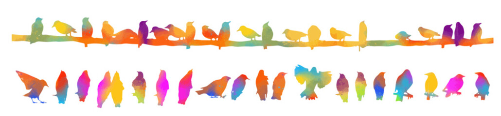 Birds on a wire. Silhouettes of colorful sitting starlings. Birds set . Vector illustration