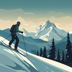 Young man skier, a winter mountain in front a man, vector art, vector illustration.