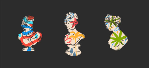 Hand drawn vector abstract outline,graphic,contemporary greek ancient sculpture statue column line modern drawing.Antique classic architecture statue in trendy graffity style,outline design concept.