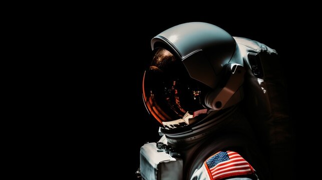 Close-up portrait of an astronaut in a spacesuit in a studio, isolated, reflection on the helmet. Generative AI illustration.
