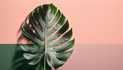 Exotic monstera leaves on modern pink background. Flat lay, top view, AI Generated