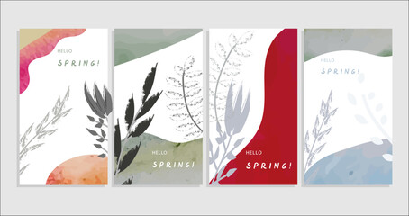 set of cards with spring branches, flowers