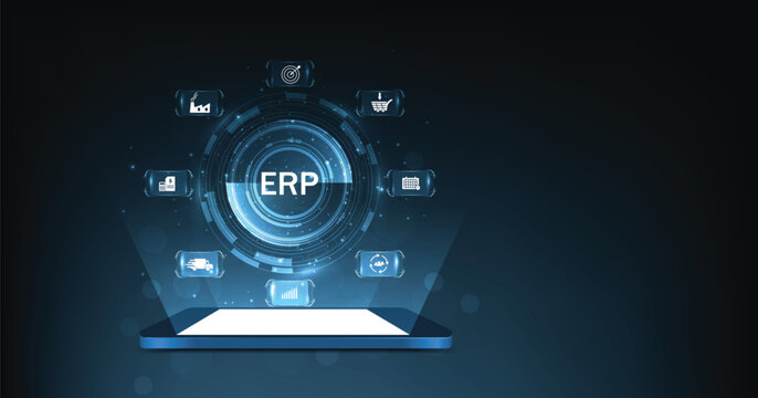 Enterprise resource planning (ERP)concept design. Enterprise resource planning business and modern technology concept on dark blue background.	