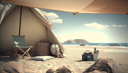 Tent on idyllic tropical sand beach. Vacation and travel concept. AI Generated - obrazy, fototapety, plakaty