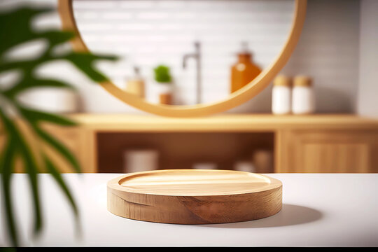 Round wooden podium on wooden table over blurred bathroom background for product placement. Generative ai.