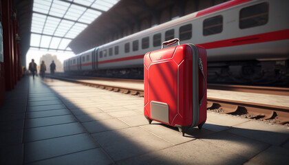 Travel concept, tourism advertisement, red baggage standing on a train station, modern, AI generated.