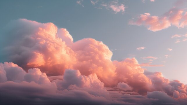 Beautiful aerial view above pink fluffy clouds at sunset or