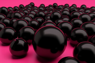 Naklejka na ściany i meble Sales, black friday concept. Abstract minimalistic and modern background with pink and black balls and various shape objects. Blank and copy space for price. Generative AI
