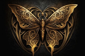 golden butterfly on a black background. Generative AI