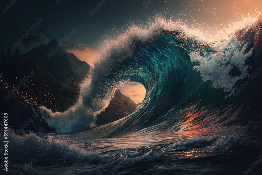 Poster massive wave in the ocean with foam and spray. generative ai