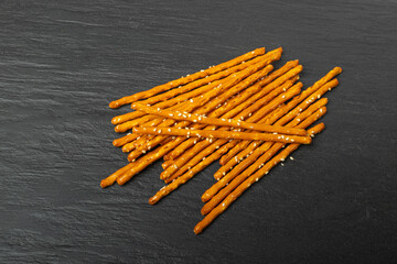 Bread Sticks, Pretzel Straws, Sesame Grissini, Pretzels Snack with Sesame Seeds, Long Rusks