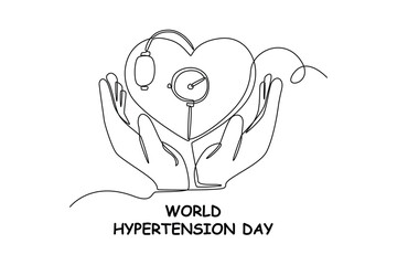 Single one line drawing hands protect the heart. World hypertension day concept. Continuous line draw design graphic vector illustration.