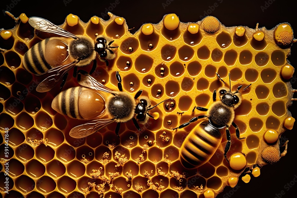 Poster swarm of bees clustered on a honeycomb. generative ai