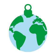 Salvar el planeta. Logo con mapa de la tierra con forma de bola de navidad
