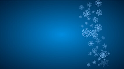 New Year snowflakes on blue background with sparkles. Horizontal Christmas and New Year snowflakes  falling. For season sales, special offer, banners, cards, party invites, flyer. White frosty snow