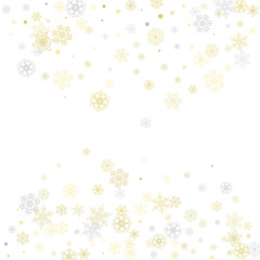 Gold snowflakes frame on white background. New year theme. Stylish shiny Christmas frame for holiday banner, card, sales, special offers. Falling snow with gold snowflakes and glitter for party invite