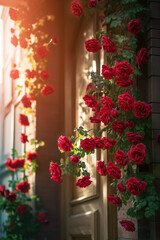Fototapeta na wymiar Beautiful red roses on the window of a house in Paris, France. Generative AI