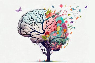 Watercolor human brain tree with butterflies and flowers. Generative ai.