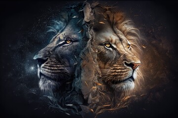two majestic lions in a fierce confrontation against a dark background. Generative AI