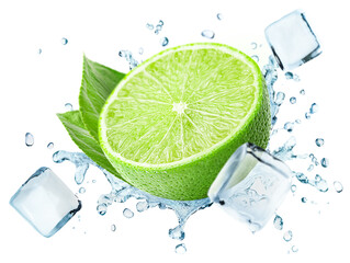 half lime, leaves, ice cubes and water splash on isolated white background