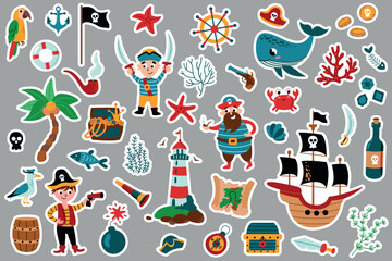 Pirate sticker set. Pirate party sticker for Kindergarten. Adventure, treasure, pirates,  whale, ship, treasure chest,  rum bottle.  - obrazy, fototapety, plakaty