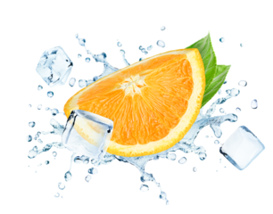 one levitating orange slice with leaves, ice cubes and water splash on a white isolated background
