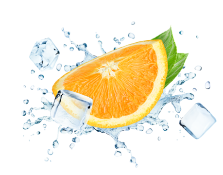 one levitating orange slice with leaves, ice cubes and water splash on a white isolated background