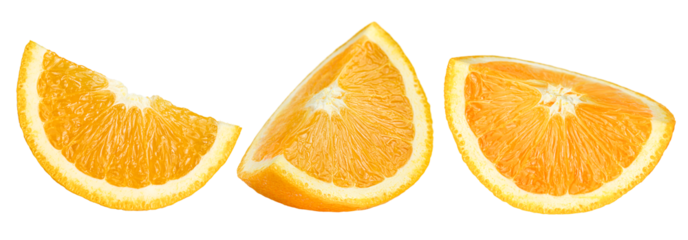 three orange slices on a white isolated background
