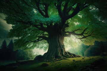 majestic tree standing tall in the heart of a dense forest. Generative AI