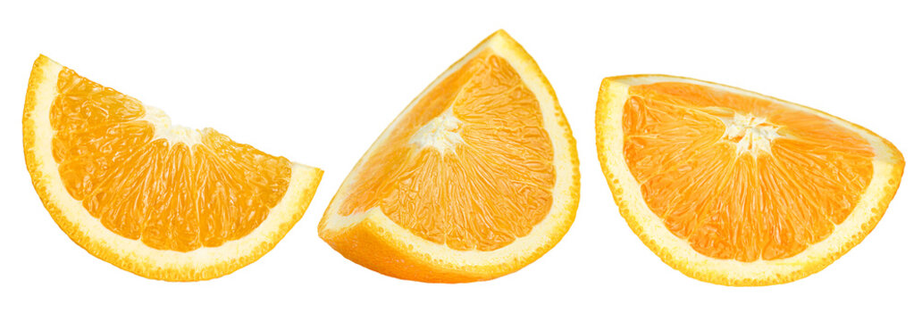 three orange slices on a white isolated background