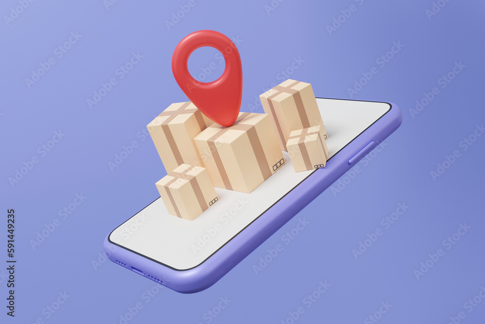 Poster minimal cartoon online delivery parcels pin position stack box floating on mobile phone with office 