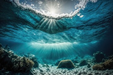 Obraz premium sunrays shining through clear blue ocean water with marine life visible. Generative AI