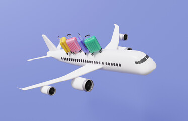 Travel airline fly worldwide boarding pass leisure touring holiday summer vacation concept. air ticket float on isolated pastel background. luggage tourism trip planning world tour. 3d render