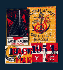 Nautical sailing yacht club labels patchwork vintage abstract vector artwork for boy man marine wear