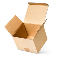 one levitating open cardboard box, on a white isolated background