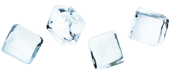 four ice cubes in a row on a white isolated background