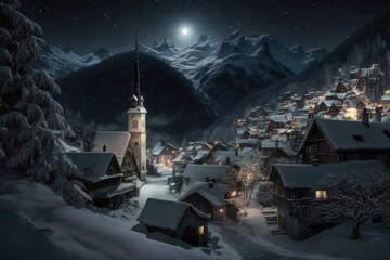 Evening village in the mountains during Christmas celebrations, generative AI.