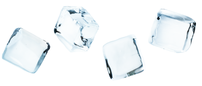 four ice cubes in a row on a white isolated background
